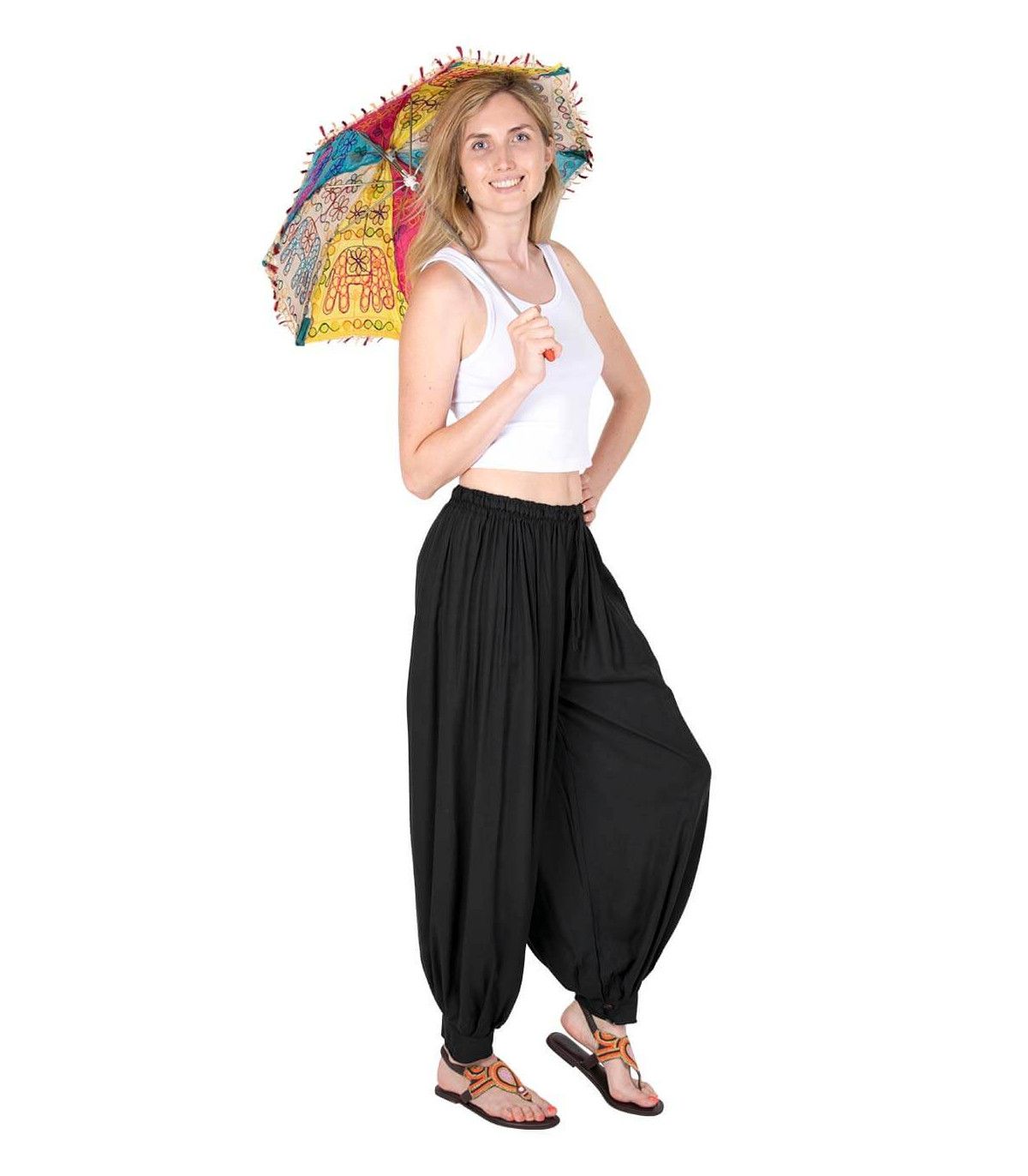 ropa alternativa GURU SHOP Pantalones de yoga 3/4 con falda sintéticos holgados para mujer largos 