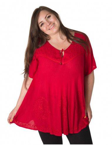 Blusa-camiseta-roja-de-mujer-talla-grande-con-Mangas-y-Bordados
